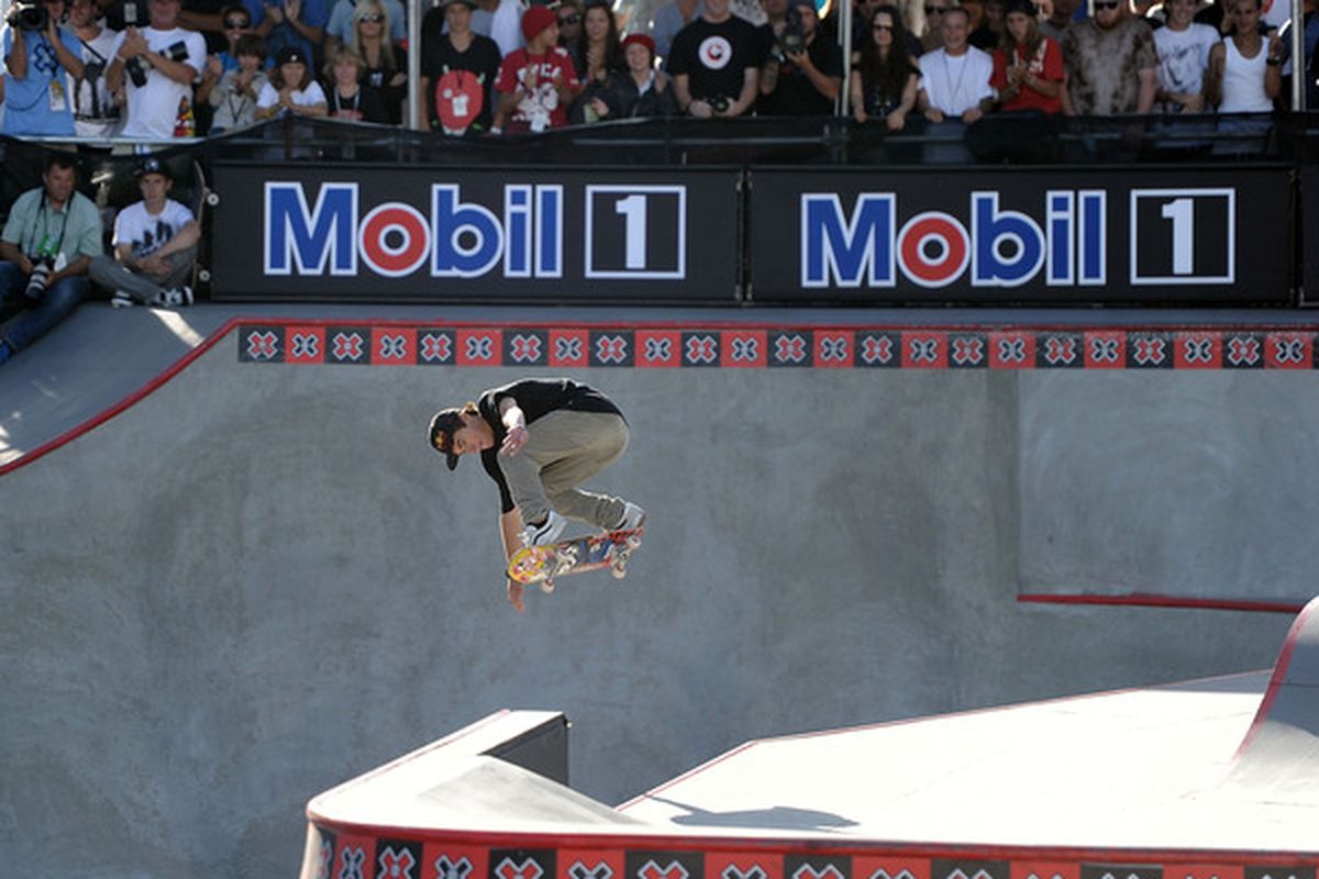 LOS ANGELES CA - AUGUST 01:  Pedro Barros of Brazil competes to a gold medal in the Skateboard Park Final during X Games 16 at the Event Deck LA Live on August 1 2010 in Los Angeles California.  (Photo by Harry How/Getty Images)
