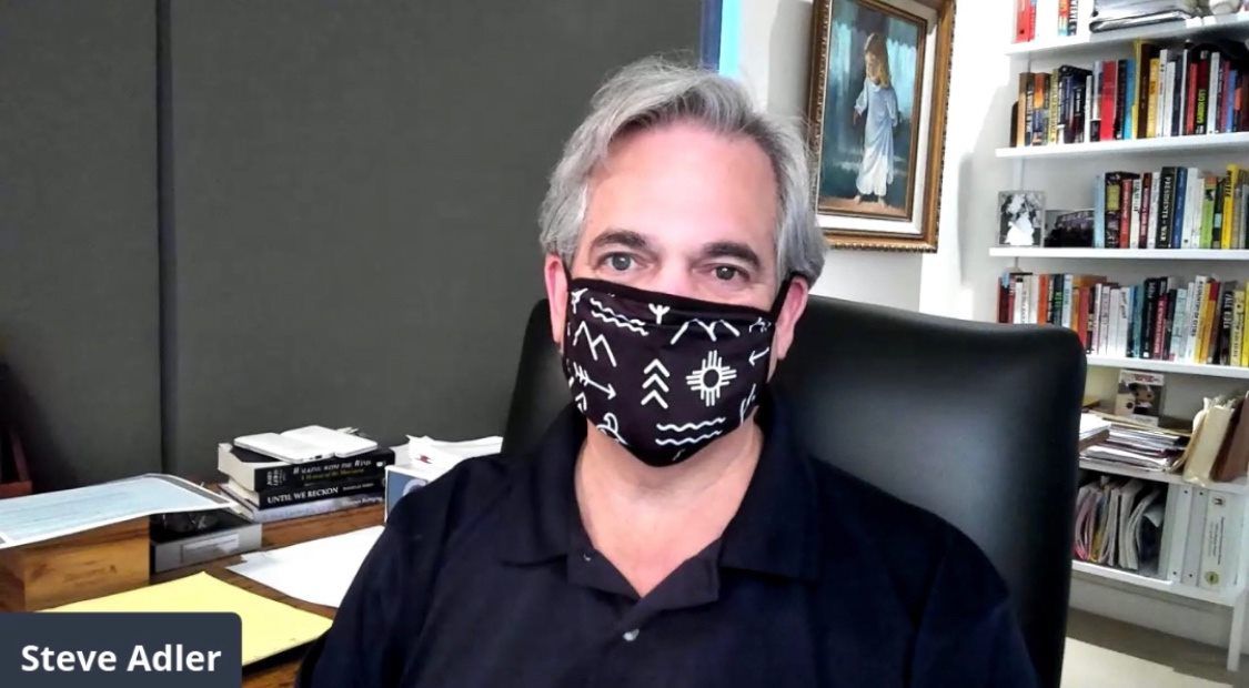 Austin Mayor Steve Adler at his office wearing a mask in August