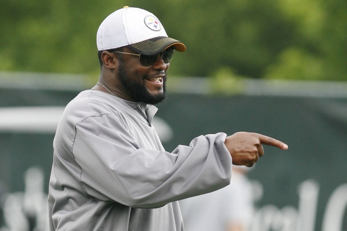 June 12, 2012; Pittsburgh, PA, USA; Pittsburgh Steelers head coach Mike Tomlin reacts during minicamp at the UPMC Sports Performance Complex. Mandatory Credit: Charles LeClaire-US PRESSWIRE