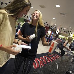 Freshmen Hayley Wallin and Kassidy Lyons laugh as they choose caffeinated soda at Cougareat food court on the Brigham Young University campus in Provo on Thursday, Sept. 21, 2017. The Mormon church–run college is breaking a 60-year-old tradition by offering caffeinated sodas on campus.
