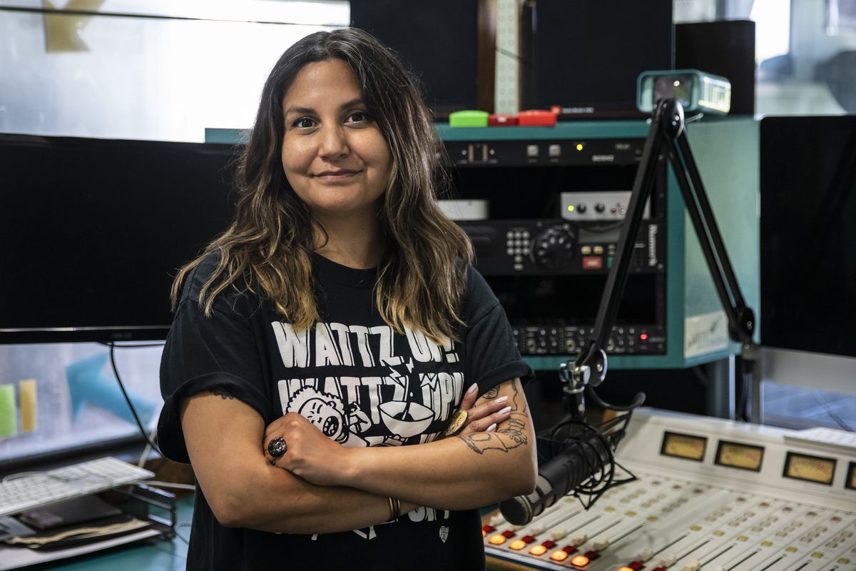 Vanessa Sanchez, 38, director of Yollocalli Arts Reach, poses for a portrait in Studio Y, where teens run the nonprofit’s radio show, inside the Boys &amp; Girls Club of Chicago in Little Village on the Southwest Side, Wednesday afternoon, Sept. 30, 2020. | Ashlee Rezin Garcia/Sun-Times
