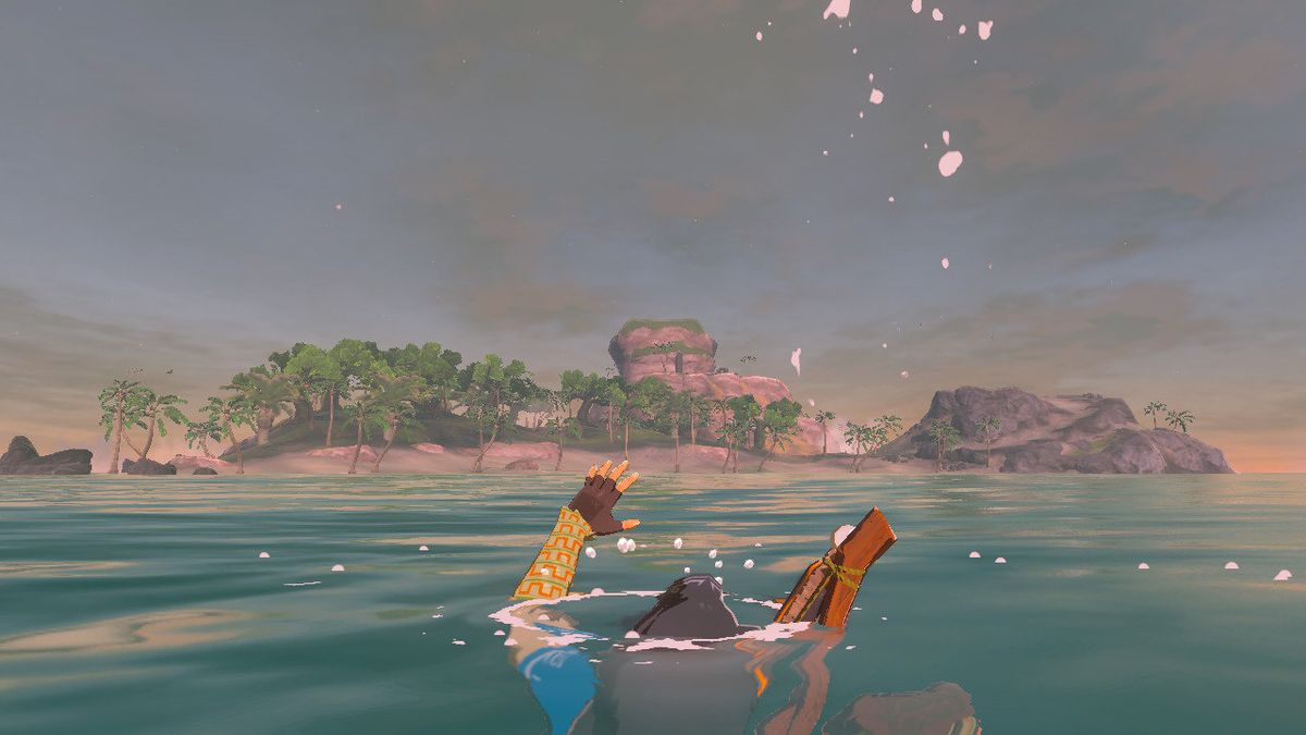Link drowning during his approach to Eventide Island in The Legend of Zelda: Breath of the Wild.