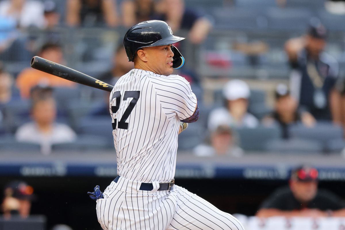 Giancarlo Stanton of the New York Yankees hits a RBI single in the seventh inning against the Baltimore Orioles at Yankee Stadium on July 4, 2023 in Bronx borough of New York City.