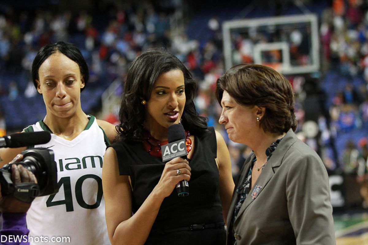 Miami head coach Katie Meier interviewed following the game on ACC Network