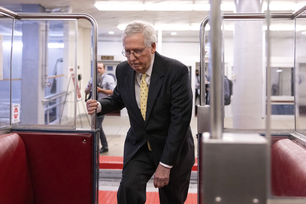 Senate Minority Leader Mitch McConnell (R-KY) makes his way to a Senate Republican Policy luncheon at the U.S. Capitol on May 18, 2021 in Washington, DC.