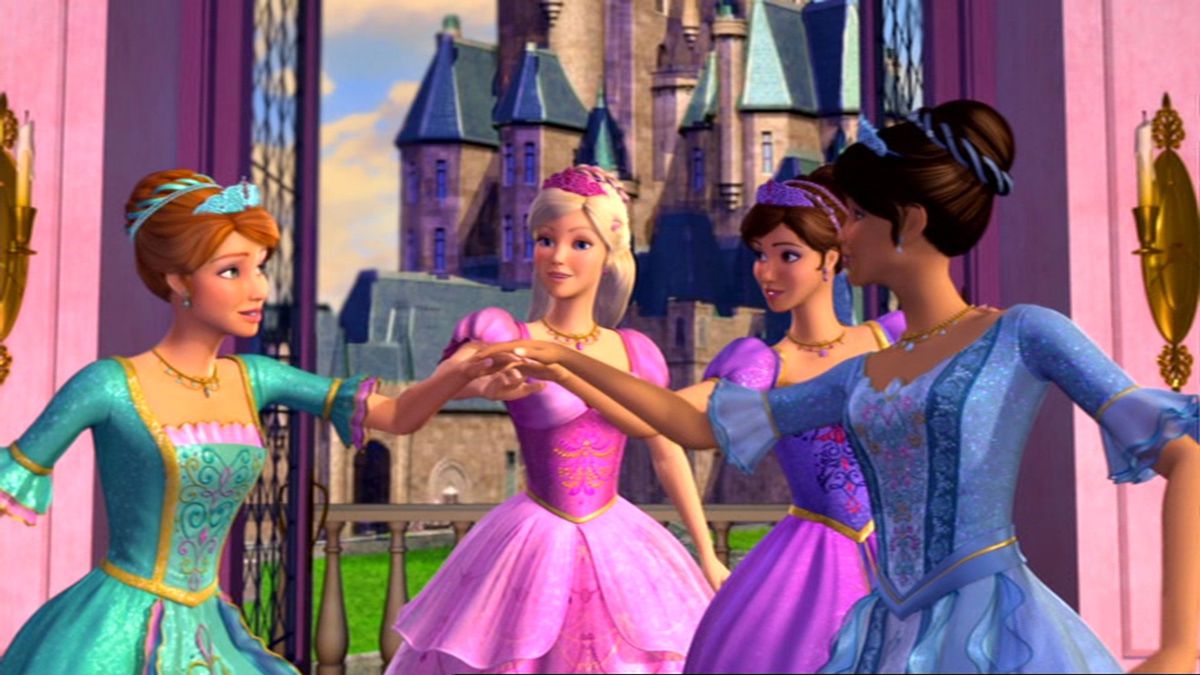 Four girls in princess dresses fist bump in front of a pink castle gate.