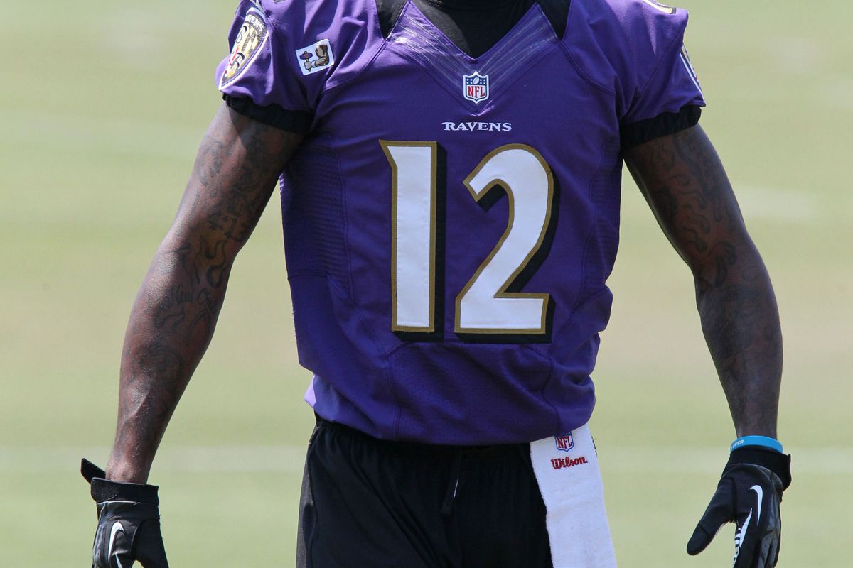 July 26, 2012; Baltimore, MD, USA; Baltimore Ravens wide receiver Jacoby Jones (12) during training camp at the team practice facility. Mandatory Credit: Mitch Stringer-US PRESSWIRE