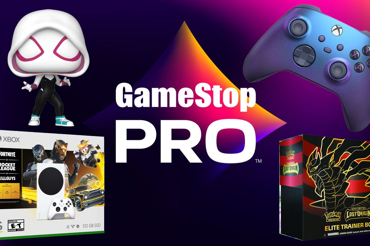 A stock image of the GameStop Pro logo with game consoles, accessories, and collectibles on top.