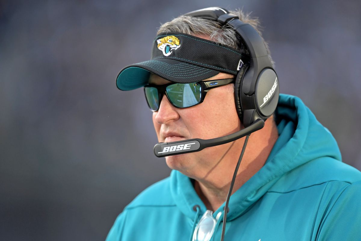 Jacksonville Jaguars head coach Doug Marrone watches a game from the sidelines against the Oakland Raiders during the Raiders final game at the Oakland-Alameda Coliseum before relocating to Las Vegas for the 2020 season.