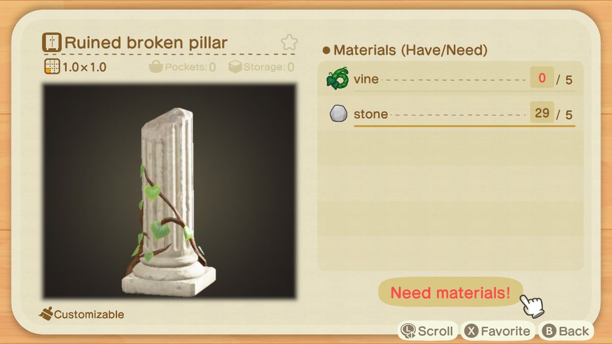 A New Horizons recipe for a ruined broken pillar, which uses vine and stone
