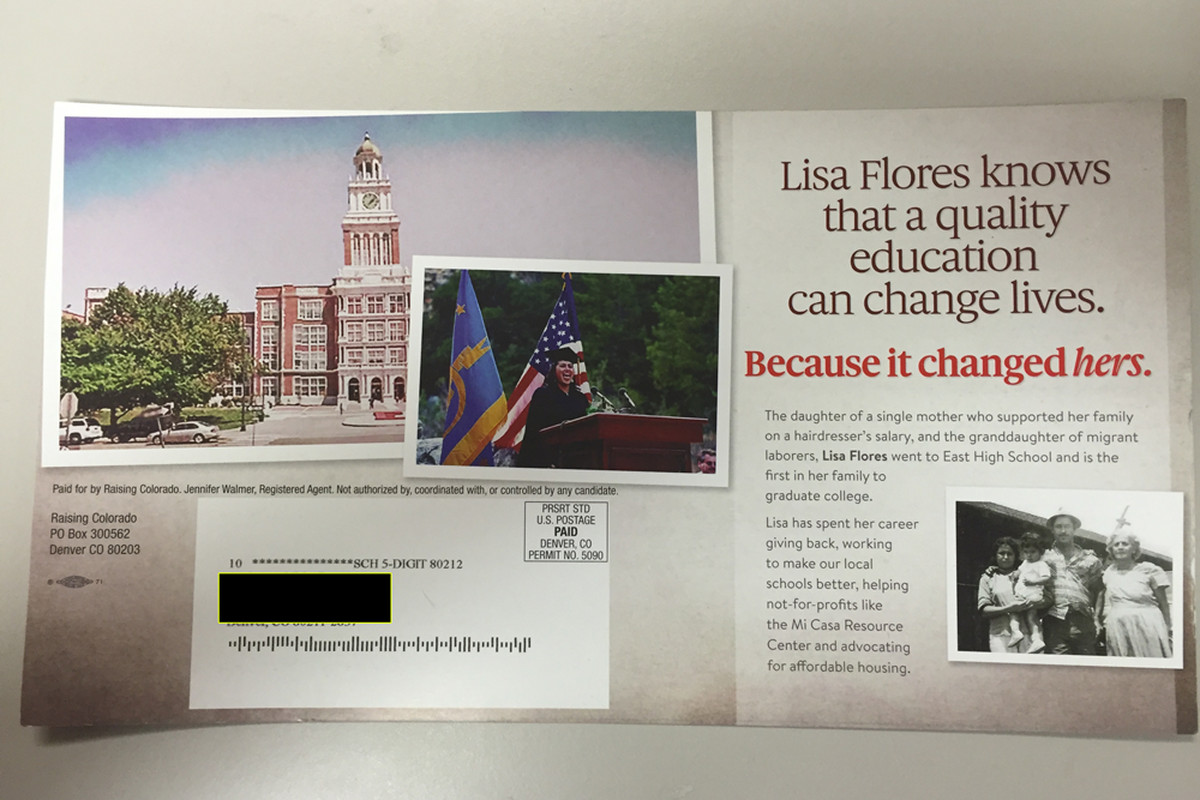 A Raising Colorado mailer supporting northwest Denver school board candidate Lisa Flores (Chalkbeat Colorado)