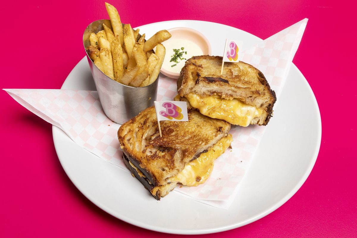 A round white plate with a grilled cheese sandwich and metal cup of fries.