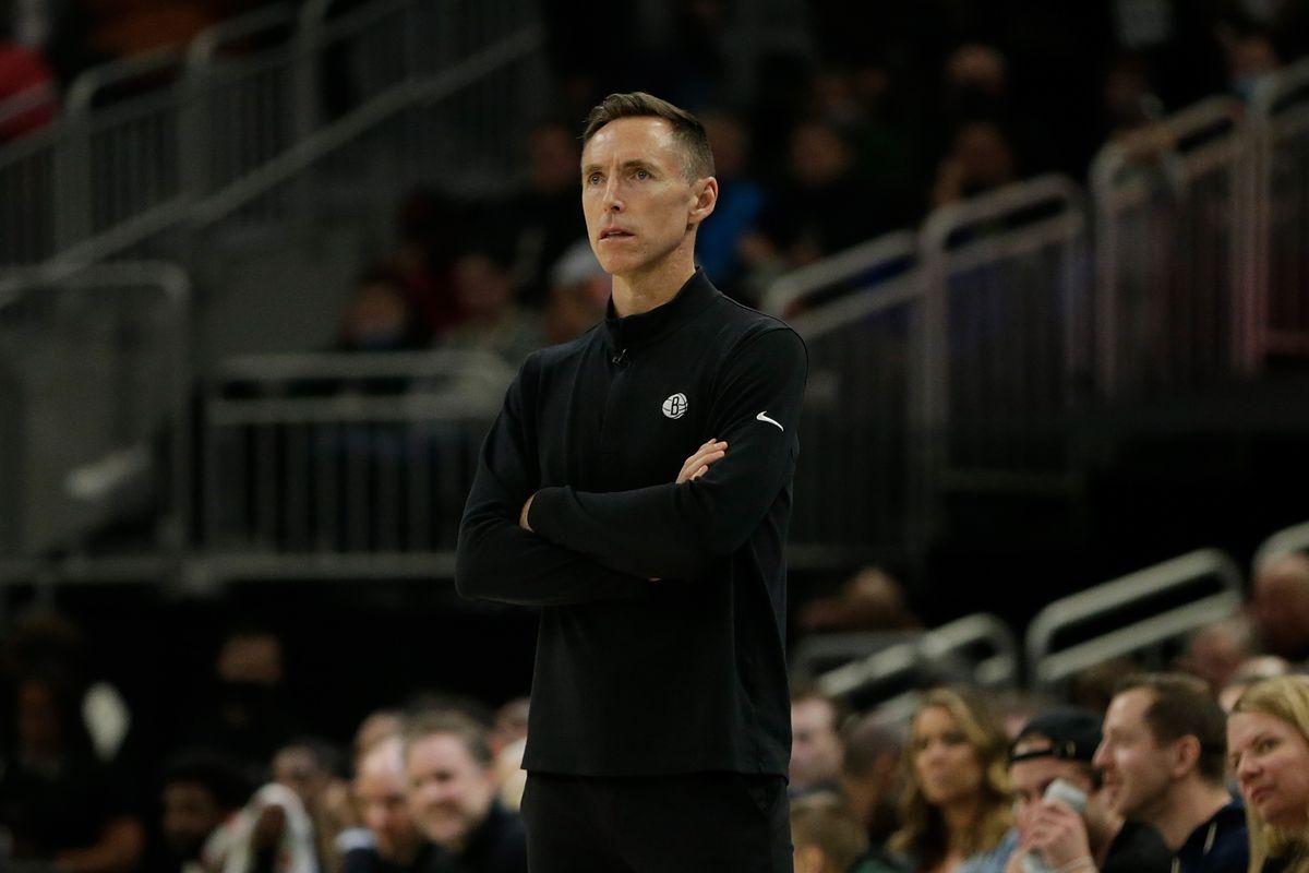 Booklyn Nets Head Coach Steve Nash looks on during the second half of a game against the Milwaukee Bucks at Fiserv Forum on February 26, 2022 in Milwaukee, Wisconsin.