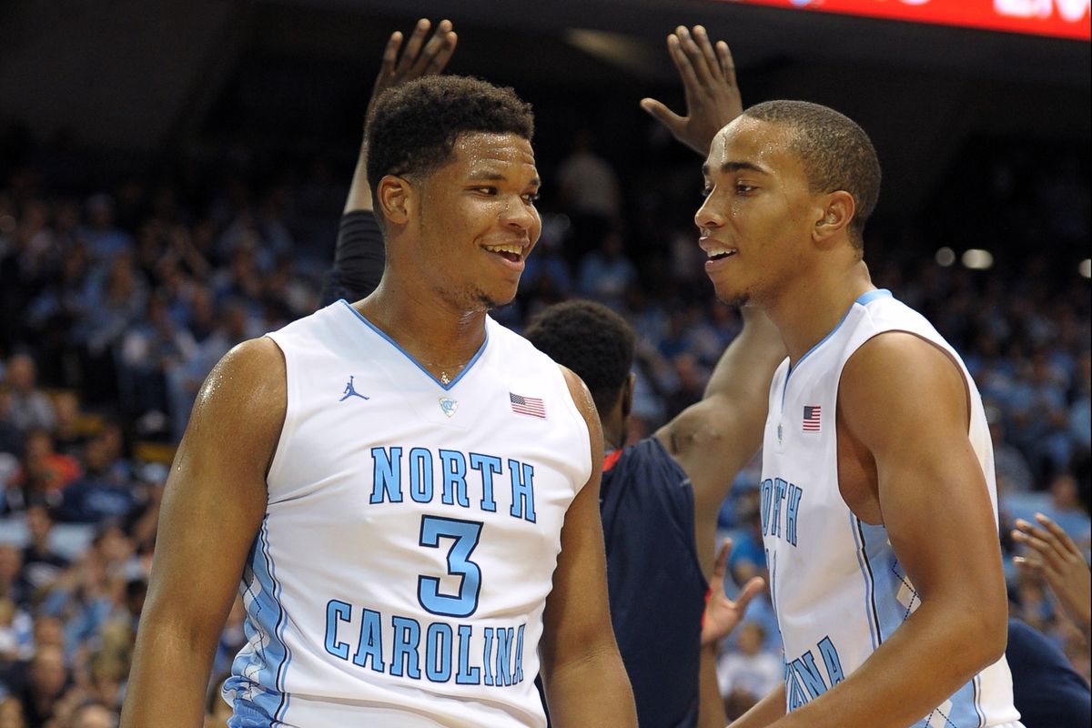CHAPEL HILL, NC - NOVEMBER 16: Kennedy Meeks #3 and Brice Johnson #11 of the North Carolina Tar Heels react following a play during their game against the Robert Morris Colonials.