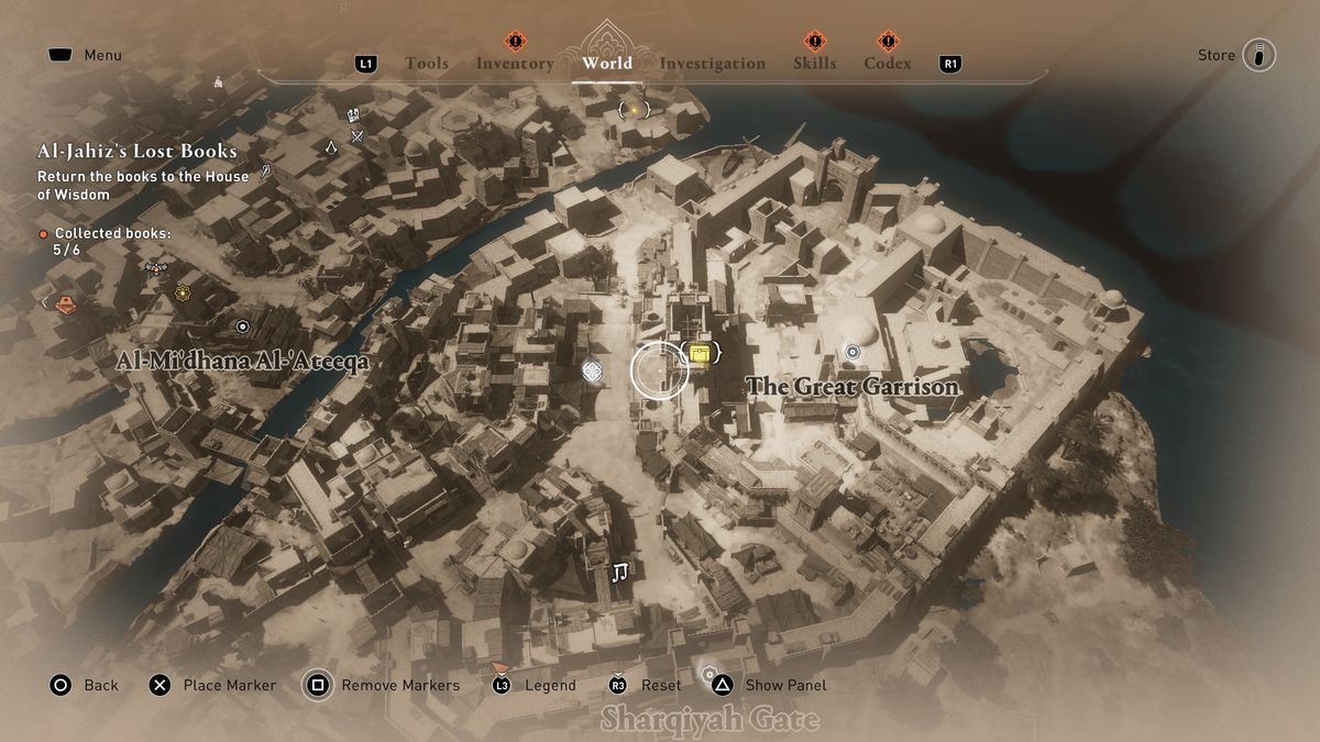 A map shows the location of a gear chest in the Great Garrison in AC Mirage.