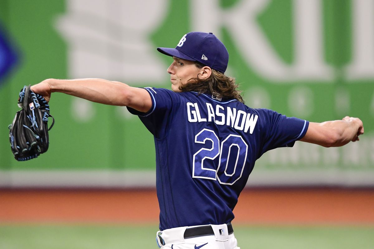 &nbsp;Tyler Glasnow #20 of the Tampa Bay Rays warms up prior to the game against the Kansas City Royals at Tropicana Field on May 26, 2021 in St Petersburg, Florida.