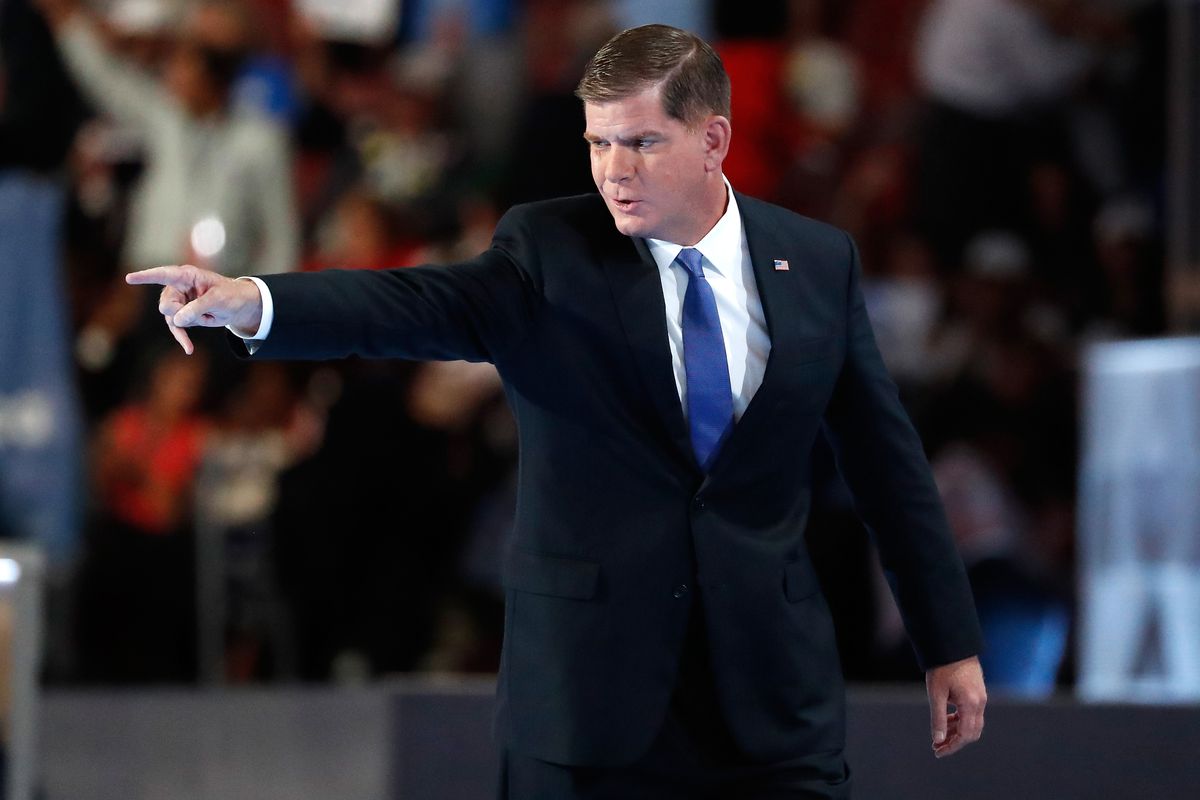 Mayor of Boston Marty Walsh gestures to the crowd after delivering a speech on the first day of the Democratic National Convention in 2016.