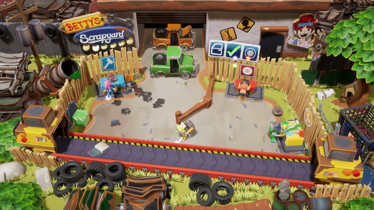 Game Vision by Manic Mechanics;  the player is looking at a colorful junkyard where cartoon characters are rushing to fix wrecked cars