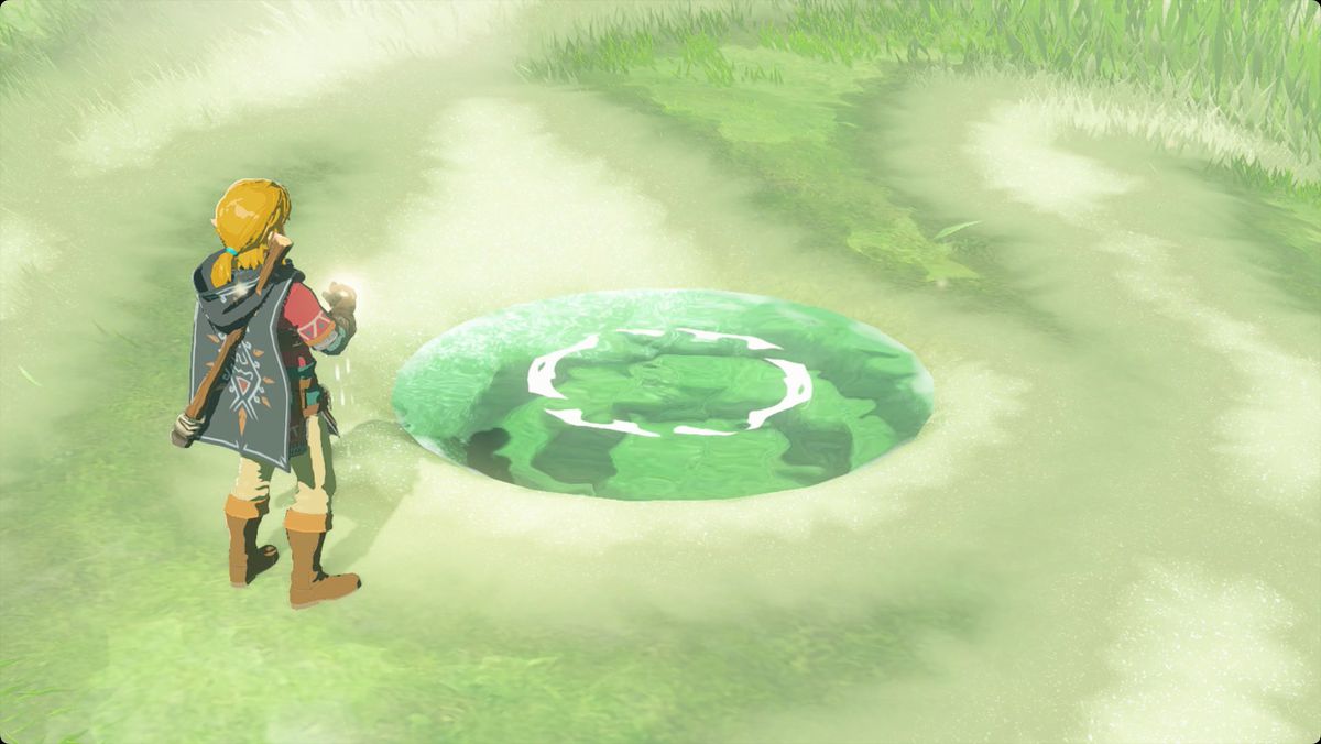 The Legend of Zelda: Tears of the Kingdom Link standing next to a Tear of the Dragon pool.