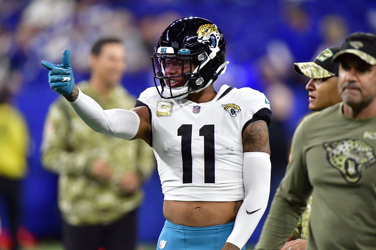 Jacksonville Jaguars wide receiver Marvin Jones (11) points during warms up before the game against the Indianapolis Colts at Lucas Oil Stadium.&nbsp;