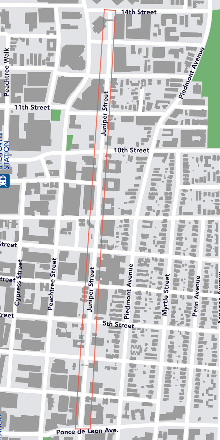 A graphic showing city blocks outlined in red where bike lanes will go. 