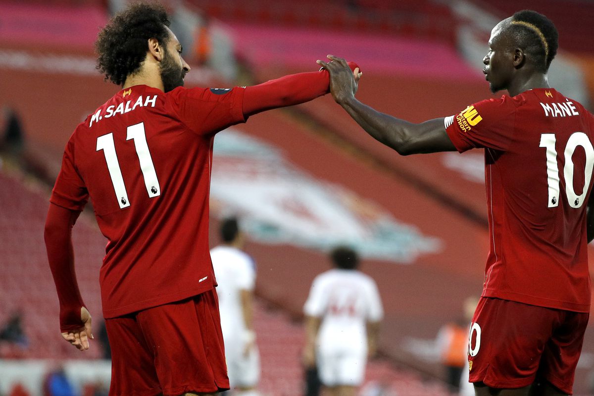 Sadio Mane celebrates with Mohamed Salah - Liverpool FC - Premier League