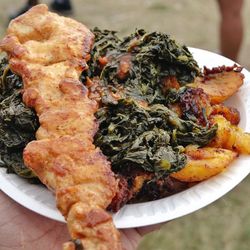 Bennachin combo plate (jama jama, plantains, poulet fricasee), at Congo.