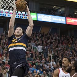 Utah forward Gordon Hayward (20) elevates to dunk the ball during an NBA basketball game against Toronto in Salt Lake City on Friday, Dec. 23, 2016. Toronto took down Utah with a final score of 104-98.