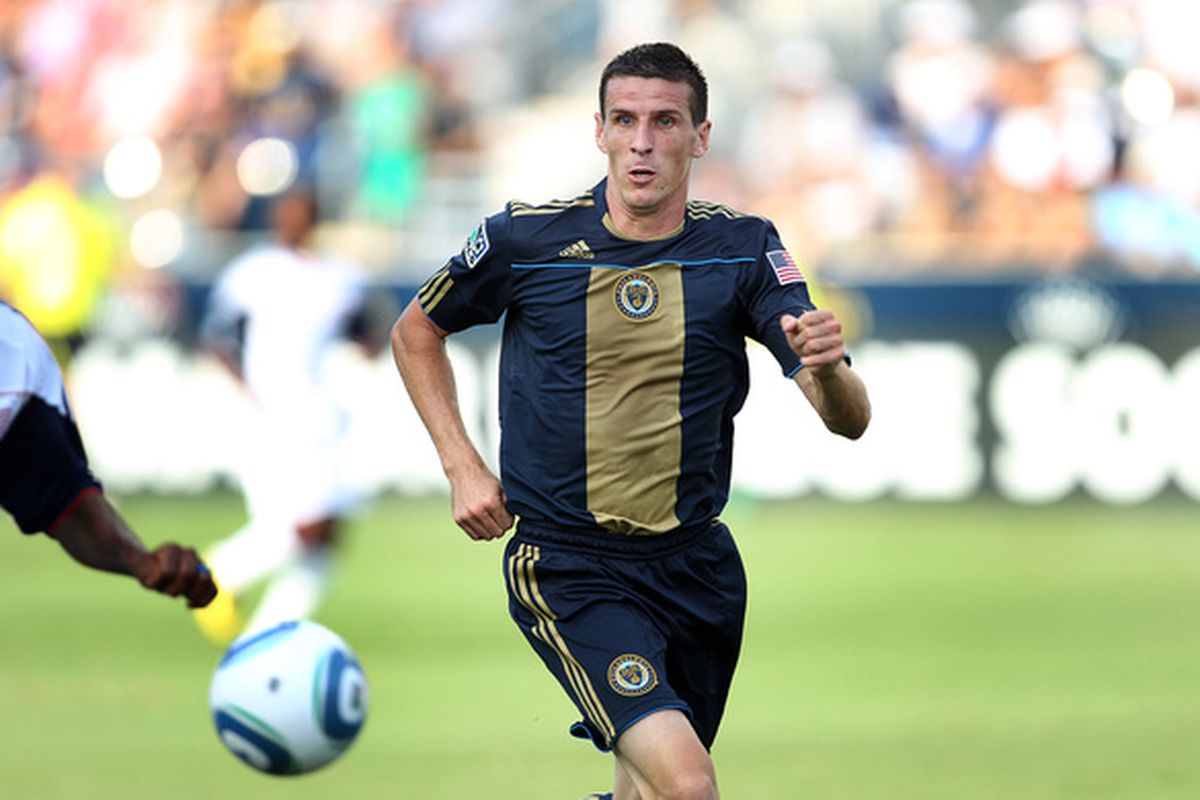 CHESTER PA - JULY 31: Midfielder Sebastien Le Toux #9 of the Philadelphia Union runs during a game against the New England Revolution at PPL Park on July 31 2010 in Chester Pennsylvania. (Photo by Hunter Martin/Getty Images)