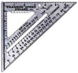 Speed SquareThe base of this compact right triangle has a flange that you can butt against a workpiece edge, allowing you to draw a perfectly square cut line or 45-degree miter, and to use the square as a fence for crosscutting. The diagonal edge has markings for laying out rafter, roof trim, and stair angles.