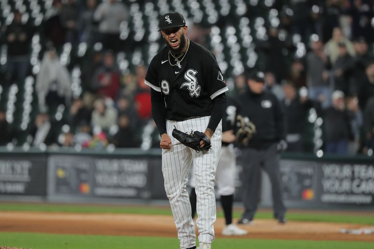 Chicago White Sox relief pitcher Keynan Middleton reacts after a strike out during a Major League Baseball game between the Minnesota Twins and the Chicago White Sox on May 3, 2023 at Guaranteed Rate Field in Chicago, IL.