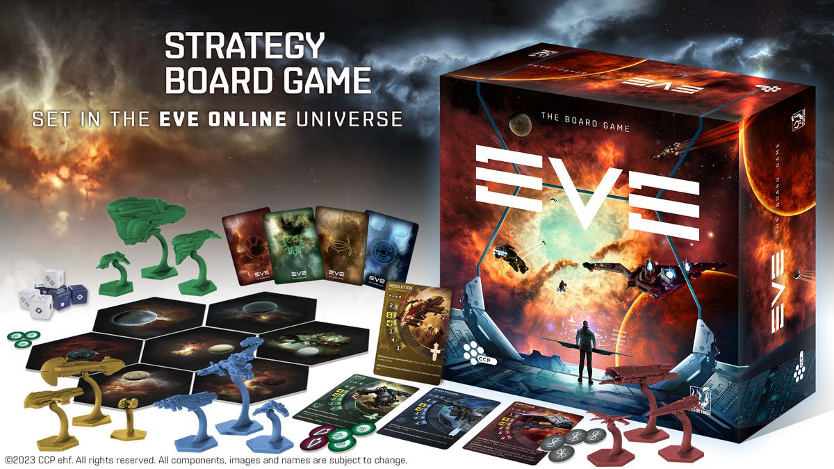 A render of the contents of Eve Online: The Board Game, including tiles with star systems, cards, tokens, and loads of unique plastic starships.