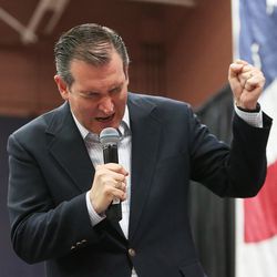 GOP presidential candidate and Texas Sen. Ted Cruz speaks on behalf of Sen. Mike Lee, R-Utah, at a rally in Draper at the American Preparatory Academy Saturday, March 19, 2016.