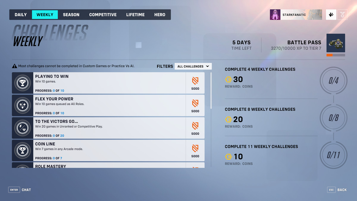 The weekly Challenges menu in Overwatch 2, offering incentives for players to complete multiple Challenges