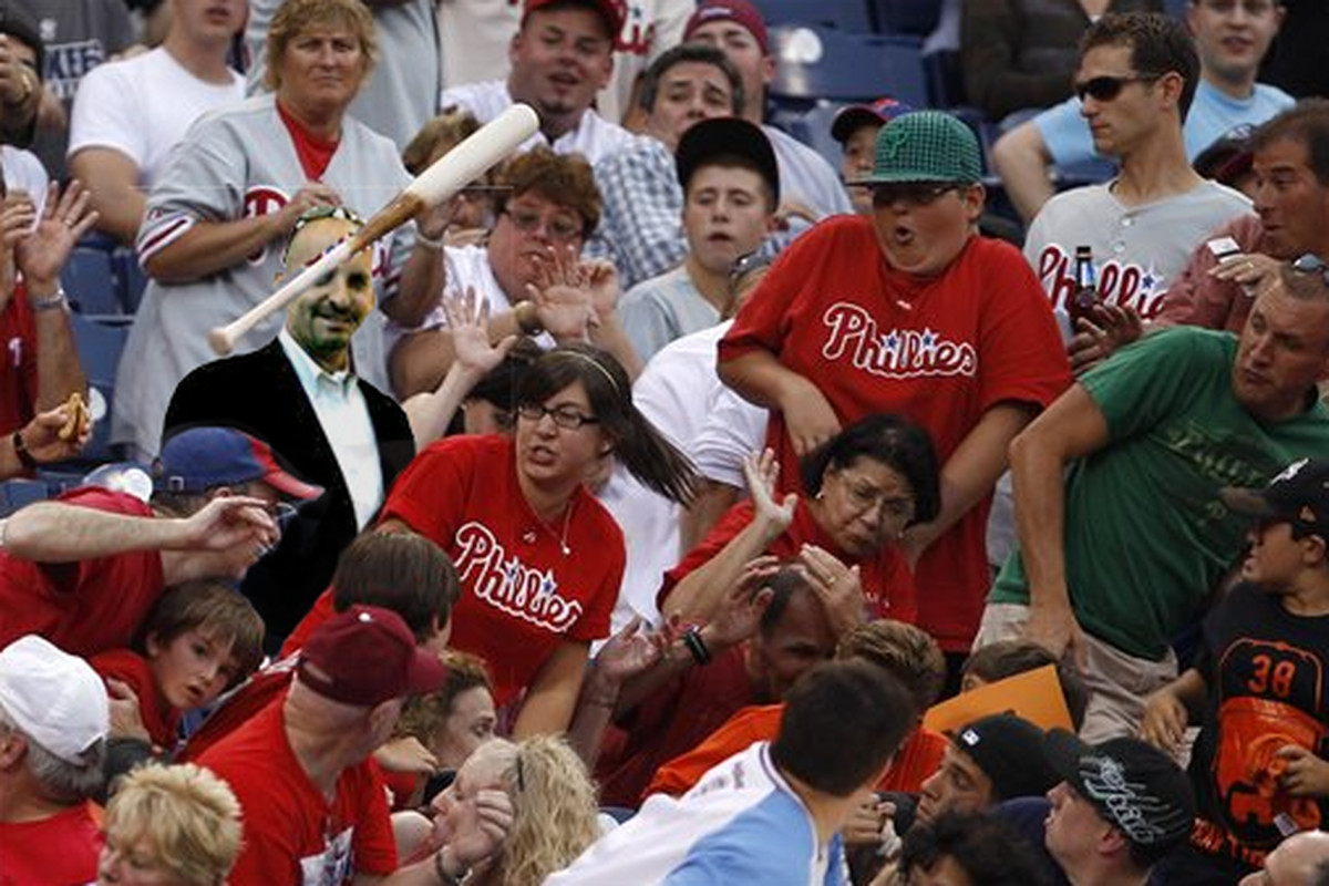 Fans dodge a flying bat from San Francisco Giants' Cody Ross during the second inning of a baseball game against the Philadelphia Phillies, Wednesday, July 27, 2011, in Philadelphia. (AP Photo/Matt Slocum)