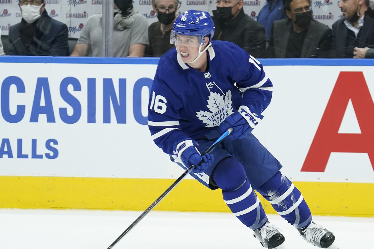 Dec 1, 2021; Toronto, Ontario, CAN; Toronto Maple Leafs forward Mitchell Marner (16) caries the puck against the Colorado Avalanche during the first period at Scotiabank Arena.