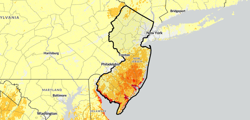 A map of areas facing heightened wildfire risk in New Jersey.