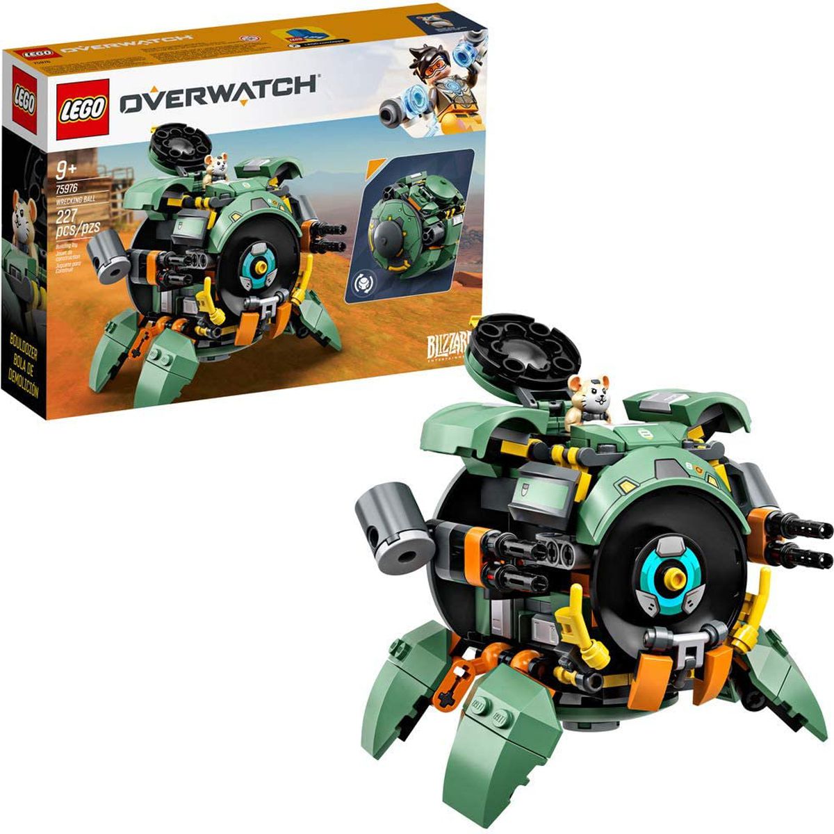 The box and finished set of the Overwatch Wrecking Ball Lego set