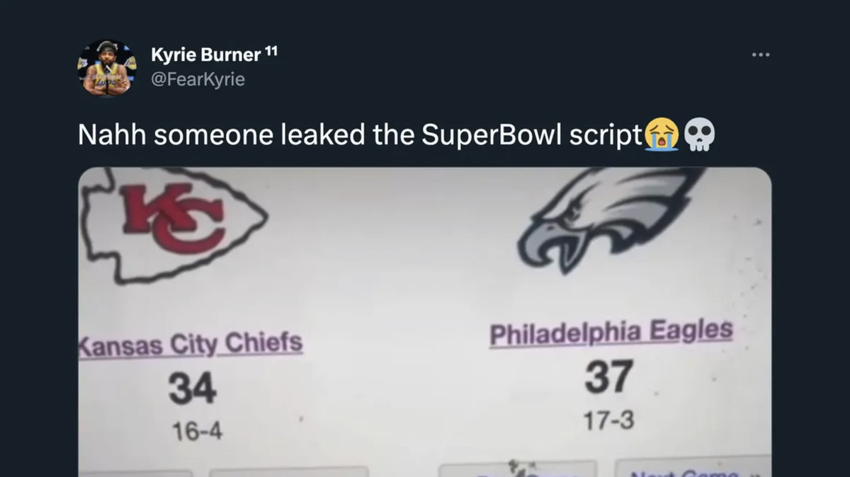 Screenshot of tweet from @fearkyrie twitter handled (since suspended) with supposedly leaked final score for Super Bowl 57 with Eagles winning 37-34.