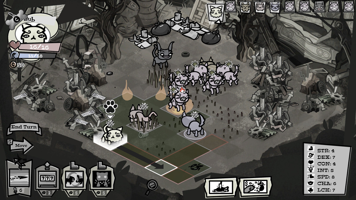 Cats fighting other cats in a screenshot for Mewgenics. Here we see two armies of cats in a junkyard. There’s fire spreading and one of the cats has a paw above its head to indicate that it’s about to attack