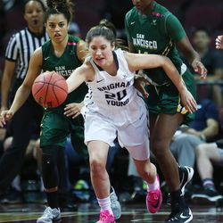 Brigham Young Cougars guard Cassie Broadhead (20) comes up with the ball from San Francisco Lady Dons forward Hashima Carothers (44) during the WCC tournament Championship in Las Vegas Tuesday, March 8, 2016.  San Francisco won 70-68. 
