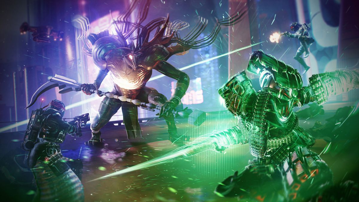 A team of three Guardians fight a scythe-wielding boss in Destiny 2: Lightfall’s neon glow