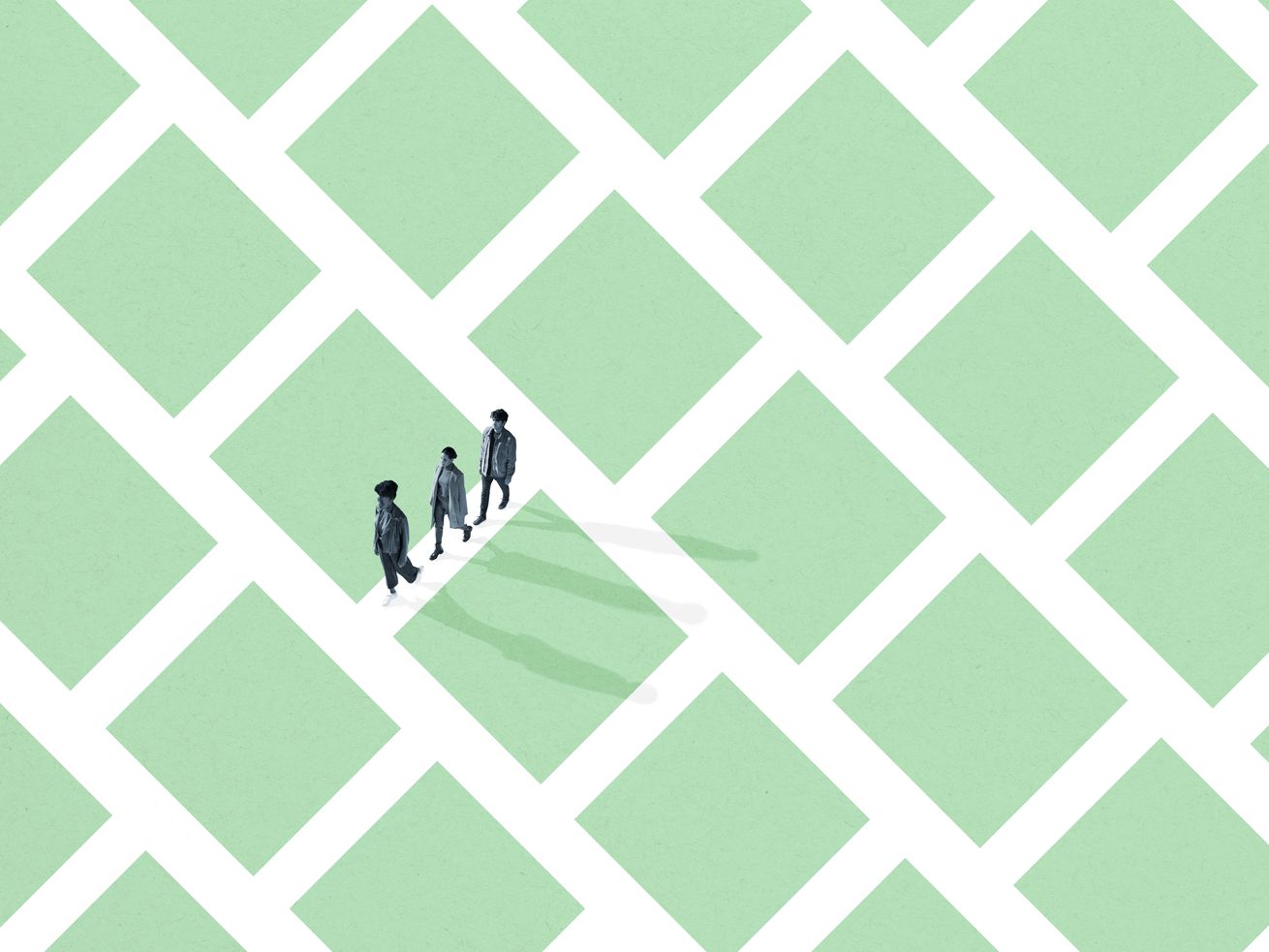 Illustration of three tiny figures walking in a line on a vast grid.
