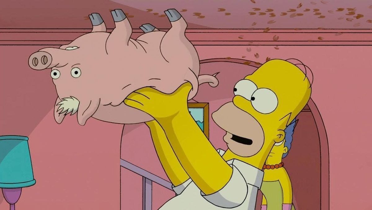 Homer Simpson holding a pig on the ceiling