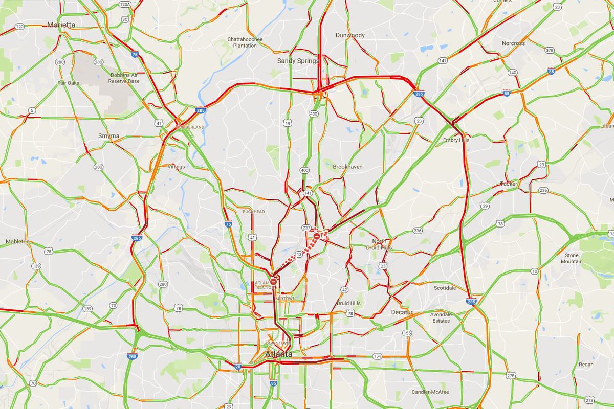 A map showing bad traffic on the northern Perimeter and on major roads throughout the city.