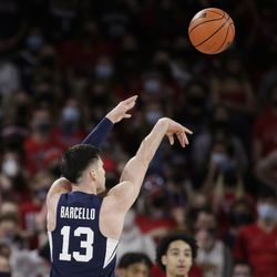 BYU guard Alex Barcello shoots during the first half of an NCAA college basketball game against Gonzaga, Thursday, Jan. 13, 2022, in Spokane, Wash. 