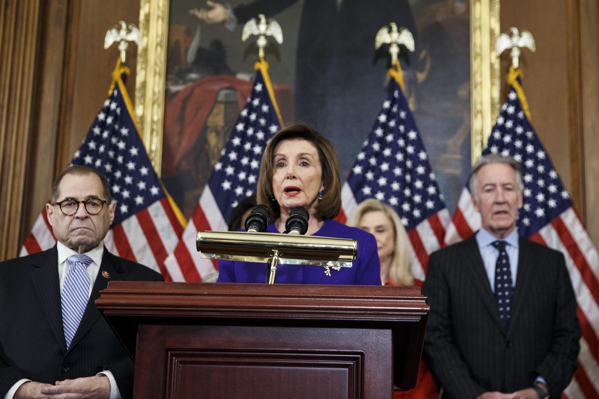 U.S. House Speaker Nancy Pelosi speaks at a news conference to announce articles of impeachment against President Donald Trump.