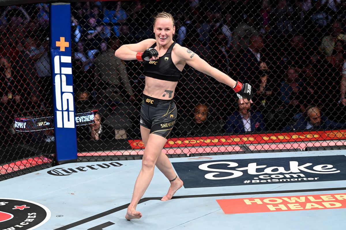 Valentina Shevchenko reacts after defeating Lauren Murphy in their UFC womens flyweight championship fight during UFC 266 at T-Mobile Arena on September 25, 2021 in Las Vegas, Nevada.