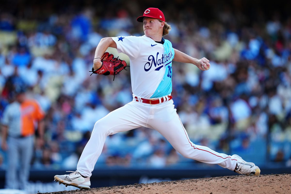 Andrew Abbott of the Cincinnati Reds pitches in the seventh inning during the 2022 SiriusXM All-Star Futures Game at Dodger Stadium on Saturday, July 16, 2022 in Los Angeles, California.