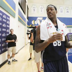 Archie Goodwin talks with the media after working out for the Utah Jazz in Salt Lake City on June 18.